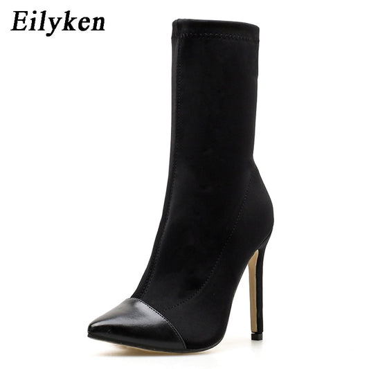 Eilyken 2023 New Women Knitting Stretch Sock Ankle Boots Pointed Toe Elastic Sli