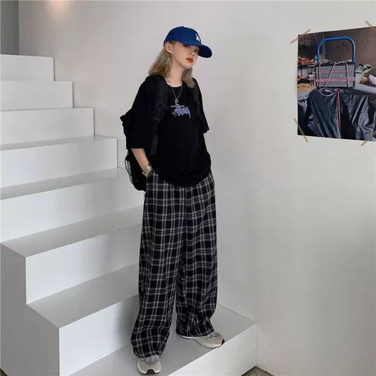 Pants Women New Fashion Black Plaid Retro Harajuku Students Streetwear Full Leng