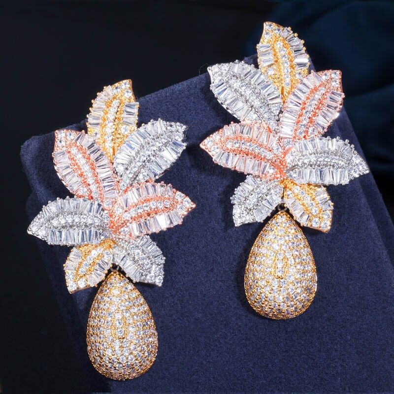 CWWZircons 3 Tone Gold Color Luxury Large Leaf Drop Flower Micro Cubic