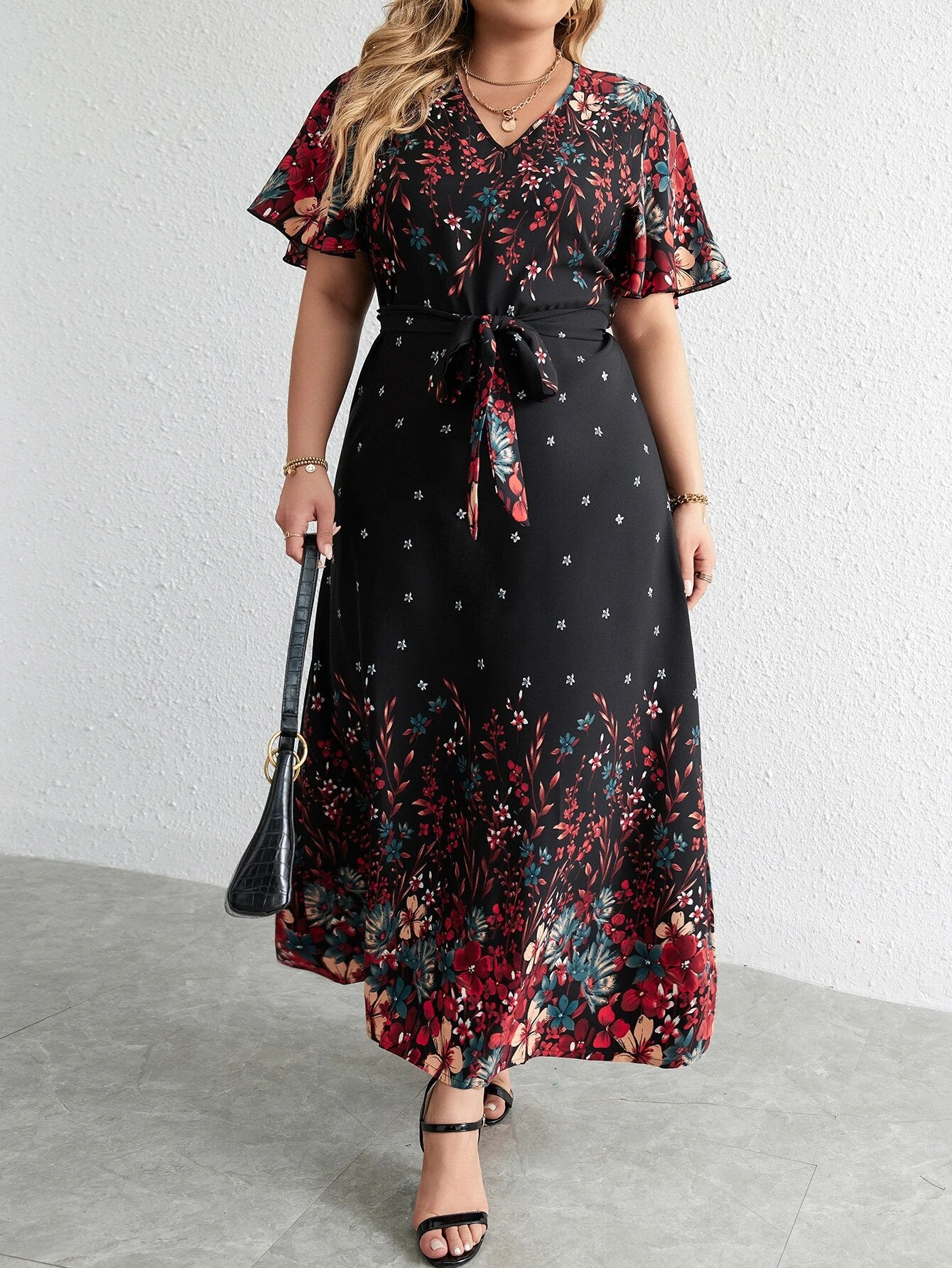 Plus Size Casual Dress Woman 2023 Summer V Neck Short Sleeve Floral Print Long