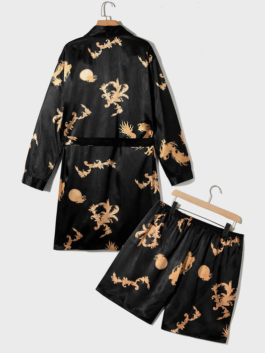 Men Dragon Print Belted Satin Sleep Robe & Shorts