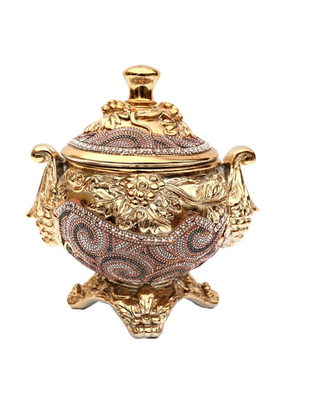 Chrome Plated Crystal Embellished Lidded Ceramic Bowl