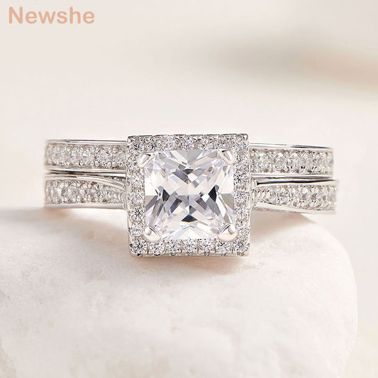 Newshe 2Pcs Genuine 925 Sterling Silver Wedding Ring Set Classic Jewelry 0.8 Ct