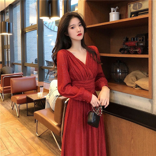 Women Dress Autumn V-Neck Long Sleeve Shiny Midi Dress A-Line Evening Night Part