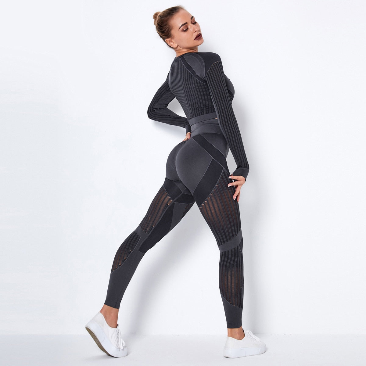 Seamless Yoga Set Workout Suit Fitness Sportswear Women Long Sleeve Crop Top Hig