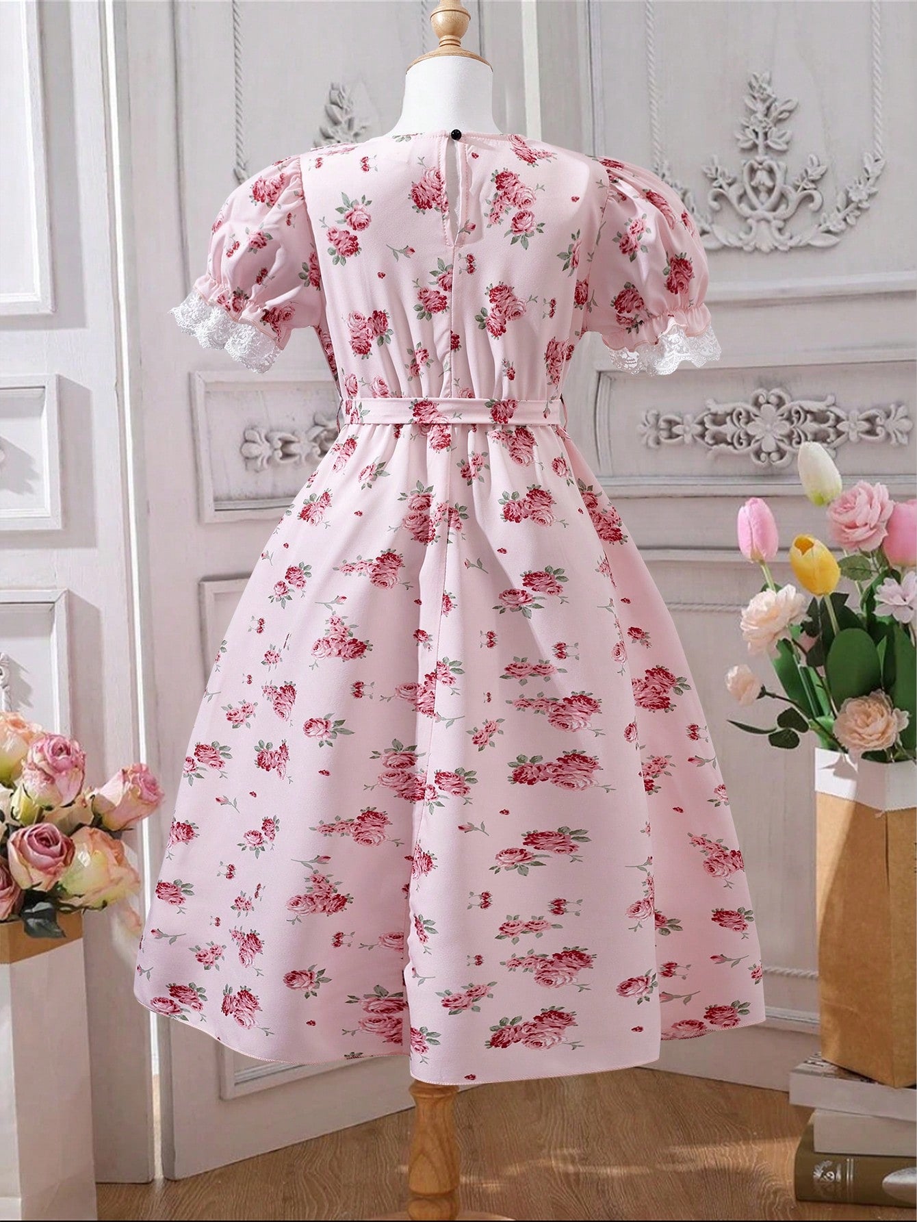 Kids CHARMNG Girls Floral Print Contrast Lace Puff Sleeve Belted Dress