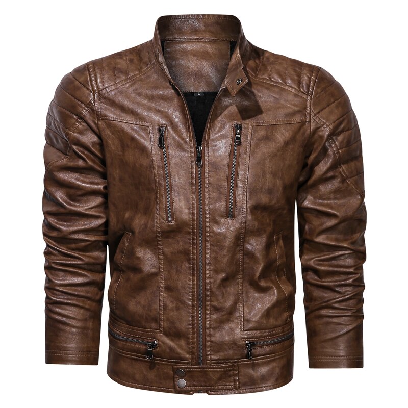 Classical Men's Turn Down Collar PU Leather Jacket Casual Slim Brand Thicken Mot