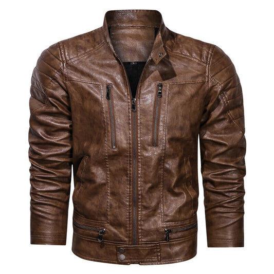 Classical Men's Turn Down Collar PU Leather Jacket Casual Slim Brand Thicken Mot