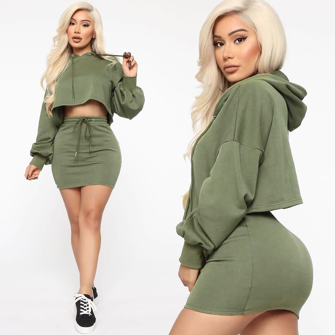 Imcute 2pcs Women Solid Color Suit Autumn Long Sleeve Pull-Down Hoodie Sweatshir