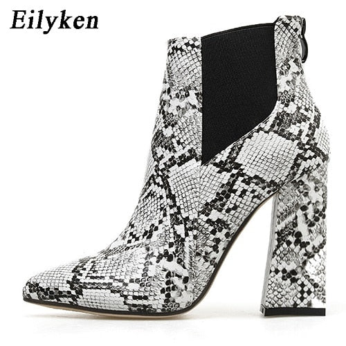 Eilyken Print Women Ankle Boots Pointed Toe Footwear Thick High Heels Female Boo