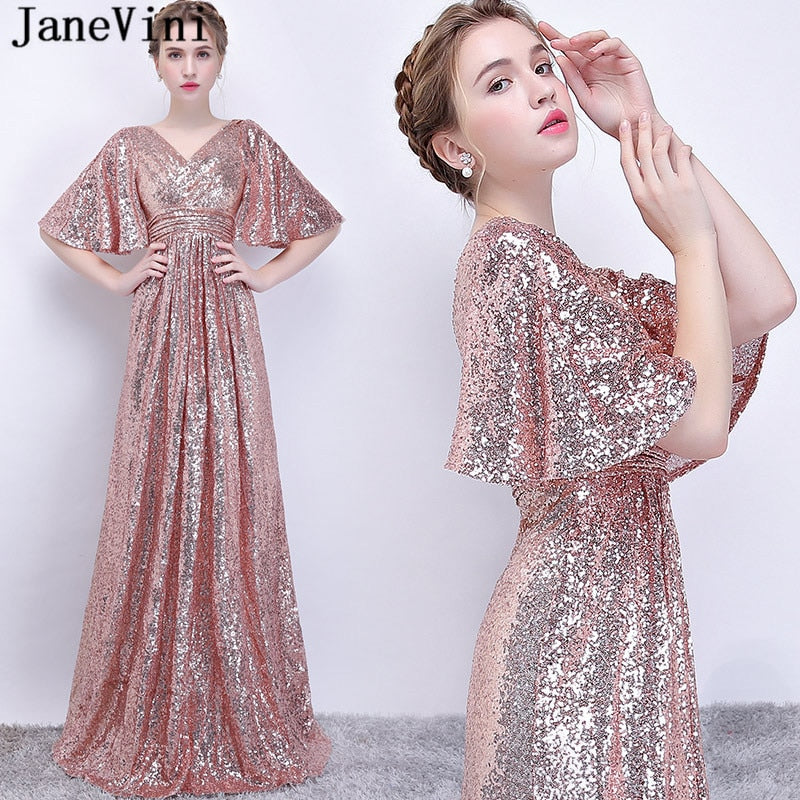 JaneVini Rose Gold Sequined Bridesmaid Dresses Long Short Sleeve Floor-Length Wo