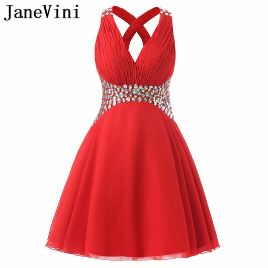 JaneVini 2018 Short Red Bridesmaid Dress With Shiny Sequins Chiffon Girls V-Neck