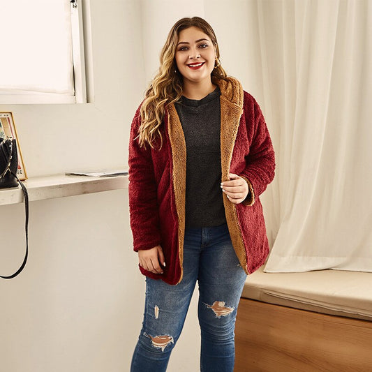 Women's Plus Size Hooded Jacket Double Sided Fleece Jacket Autumn Winter Cold Pr