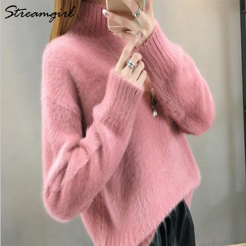 Thick Winter Sweater Women Warm White Turtleneck Fluffy Women's Jumper Winte