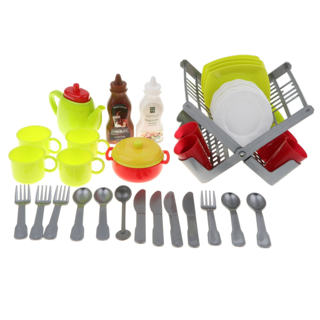 Kids CHildren Dishes and Utensils Playset With Drainer Kitchen Accessory Toy