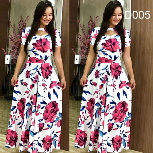 Women Short Sleeve Hollow Out O-Neck Long Dress Summer Elegant Floral Printed Hi