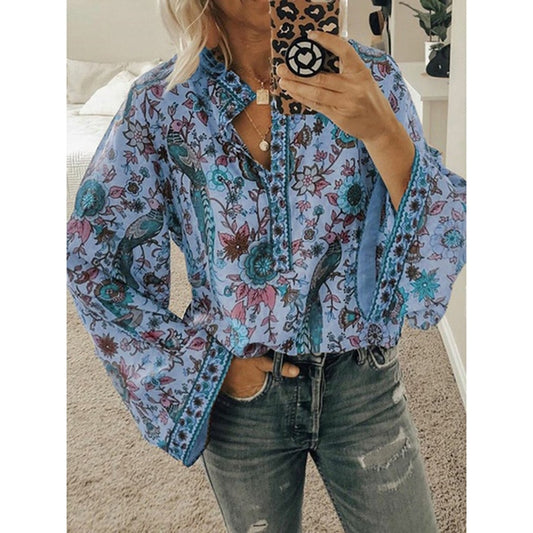 CINESSD 2020 Women Print Blouses Casual Loose Tops Stand V Neck Long Sleeves