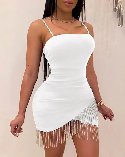 New Woman Party Night Birthday Tassel Split Sleeveless Bodycon Dress Summer Ele