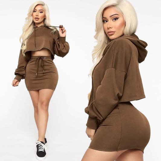 Imcute 2pcs Women Solid Color Suit Autumn Long Sleeve Pull-Down Hoodie Sweatshir