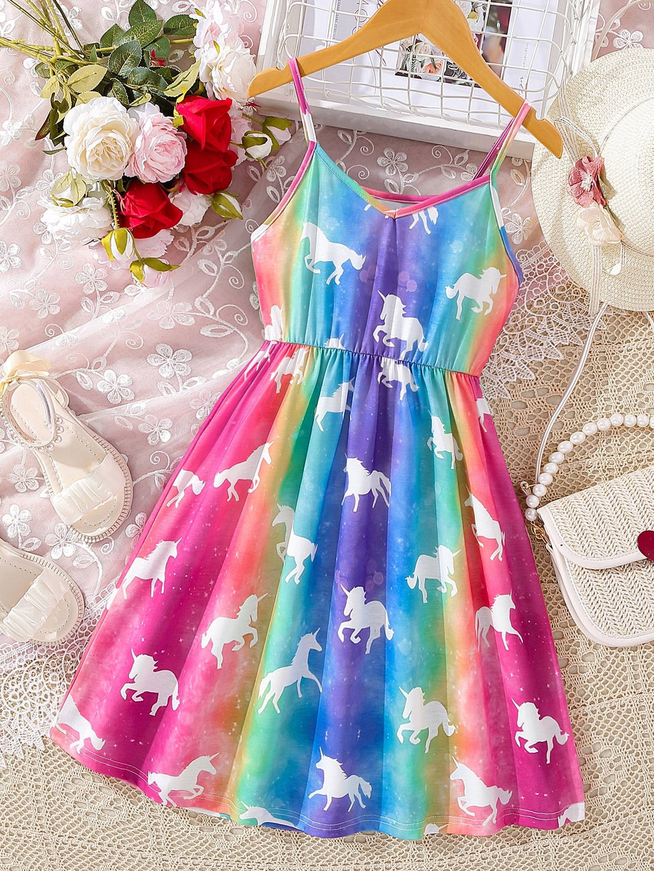 Kids QTFun Girls Unicorn Print Ombre Cami Dress