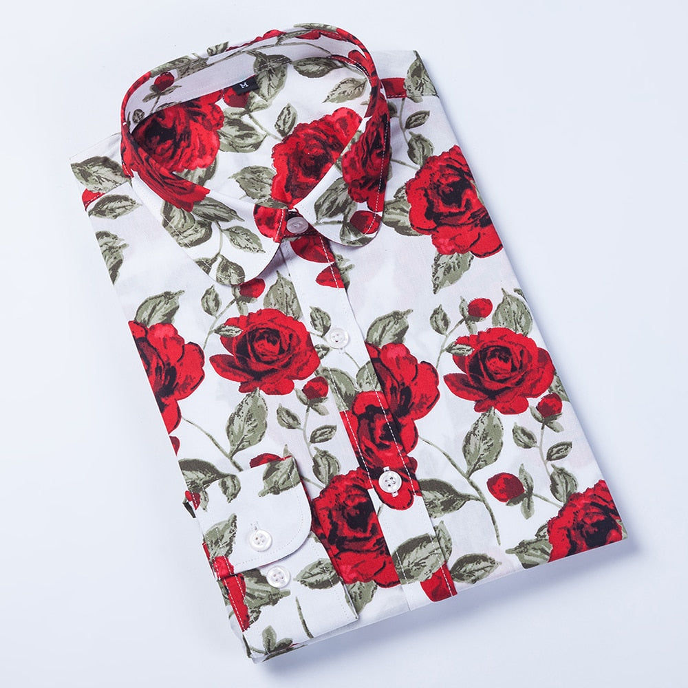 Women Shirts Long Sleeve Cotton Blouse Fashion Print Cherry Lips Flower Top