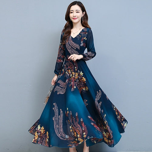 Autumn Winter Vintage Evening Dresses Floral Chiffon Long Sleeve Casual Boho