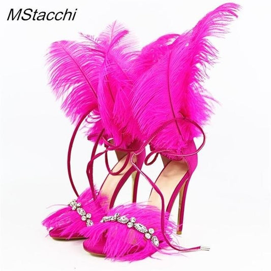 Crystal Feather Sandals Woman Summer 2023 Ostrich Hair Decor High Heels Gladiat