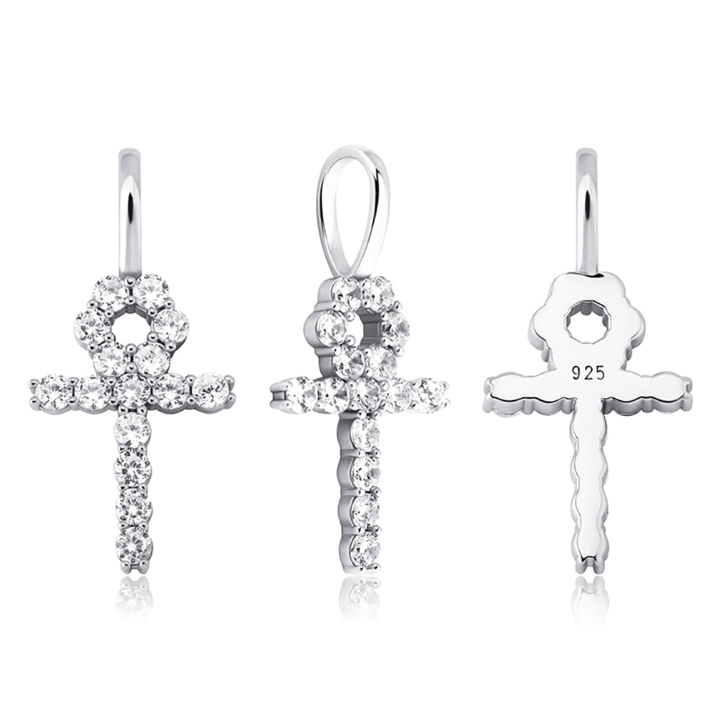 TOPGRILLZ 925 Sterling Silver Small Ankh Cross Pendant Iced Out Cubic Zirconia