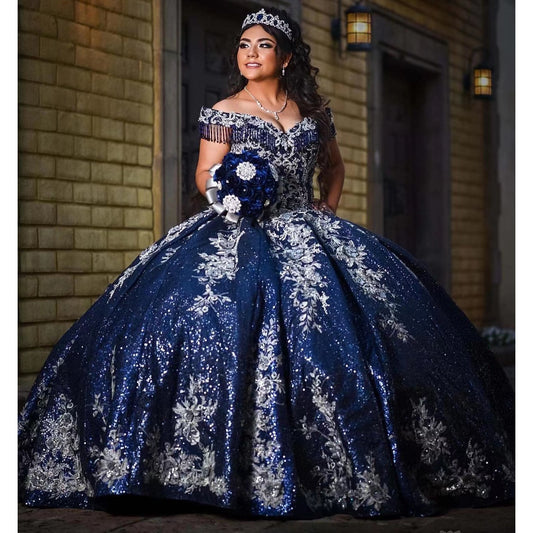 Dark Navy Quinceanera Dresses for Sweet 16 Princess Gown Beading Sequined Birthd