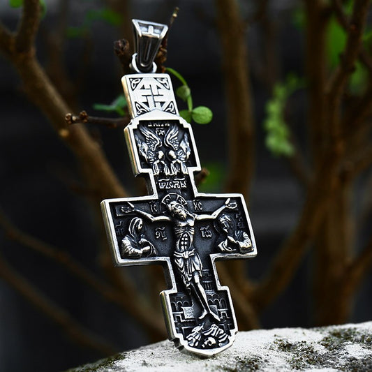 Jesus Cross Men's Stainless Steel Crucifix Eastern Orthodox Pendant Chain