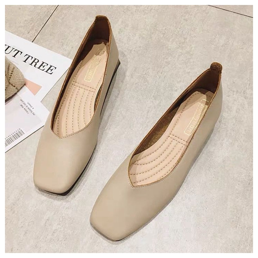 New Spring Flats Shoes Women Wooden Low Heel Ballet Square Toe Shallow Brand Sho