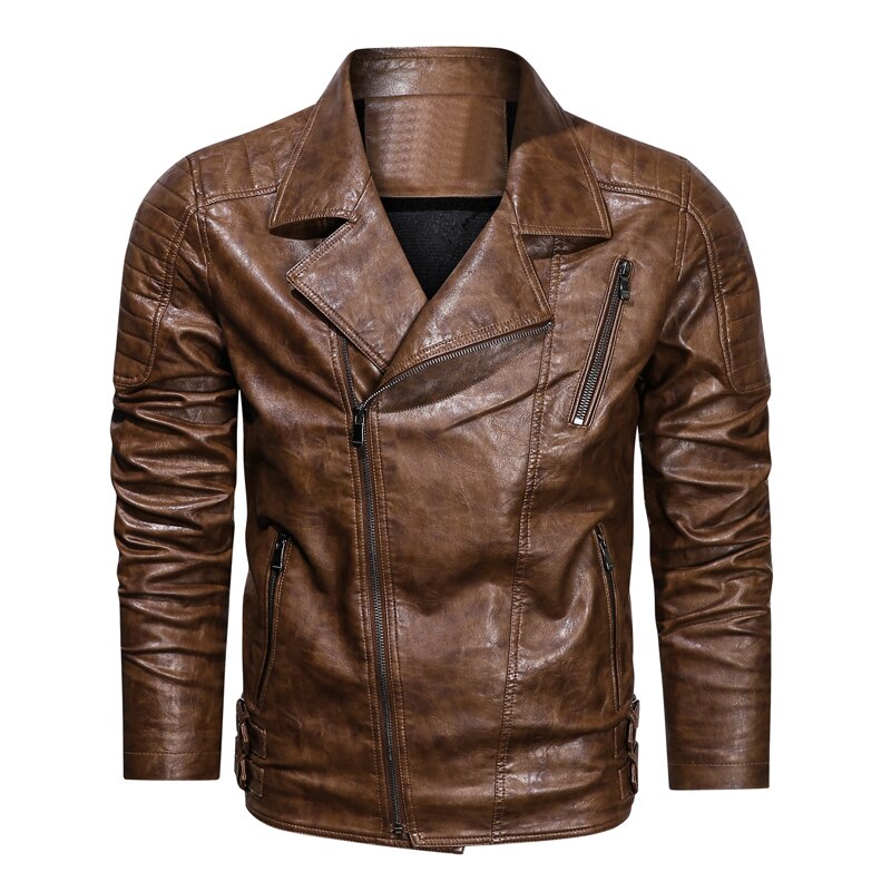 Classical Men's Turn Down Collar PU Leather Jacket Casual Slim Brand Thicken Mot