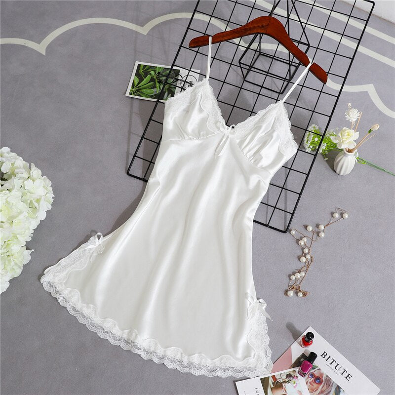 Women's Satin Nightgown Night Dress Women Cute Sleepwear Lace Summer