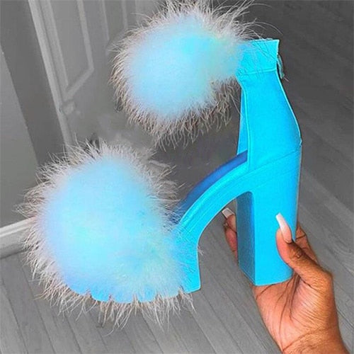 Woman Furry Sandals High Heels with Fur Female Platform Pumps Women Ankle Strap