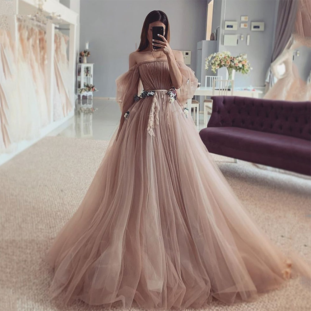 Dirty Pink Evening Dresses Fairy Pleat Tulle Off the Shoulder Puff Sleeve Vesti