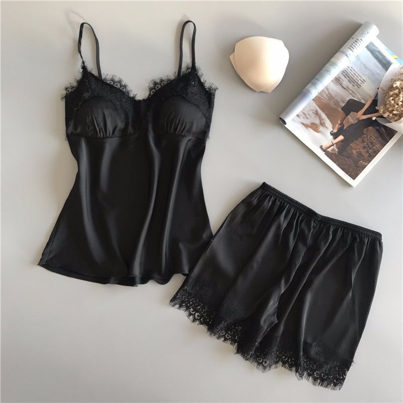 Cute Women Pajamas Set Suspenders Lace Stitching Solid Color Sleepwear