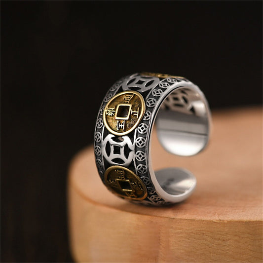 Chinese Style Vintage Copper Coin Opening Ring For Men Women Unisex Feng Shui P