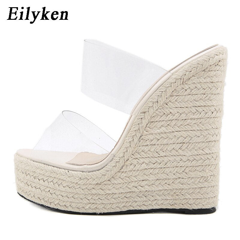 Eilyken Summer PVC Transparent Peep Toe Cane Straw Weave Platform Wedges Slipper