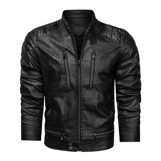 Classical Men's Turn Down Collar PU Leather Jacket Casual Slim Brand Thicken Mot