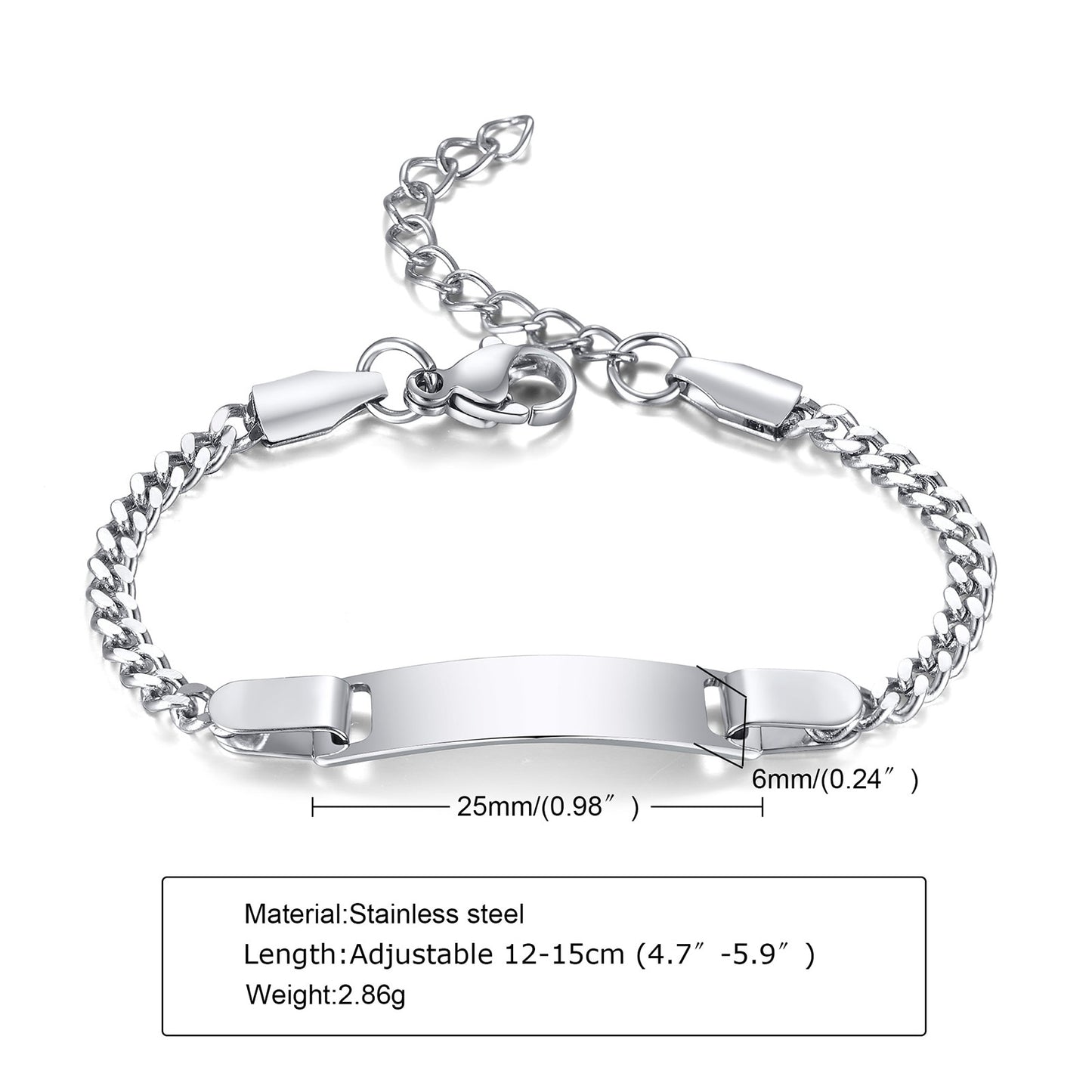 Custom Personalized Name Baby ID Bracelet, Stainless Steel Curb Chain Link