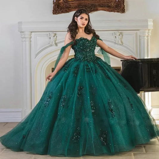 Emerald Green Floral Appliques Quinceanera Dresses Glitter Sweet 15 Girls Party