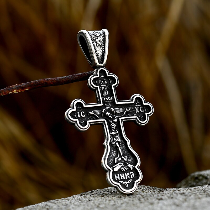 Jesus Cross Men's Stainless Steel Crucifix Eastern Orthodox Pendant Chain