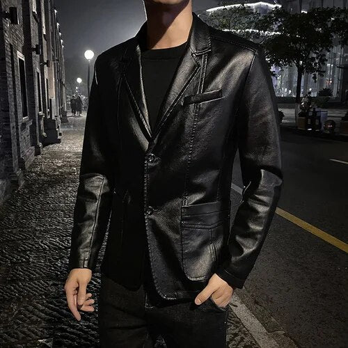 Spring New Black PU Suit Jacket Men's Fashion Slim Leather Jacket Business Casu