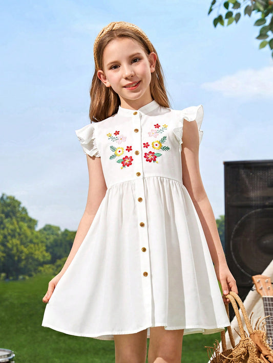 Girls Floral Embroidery Ruffle Trim Button Front Dress