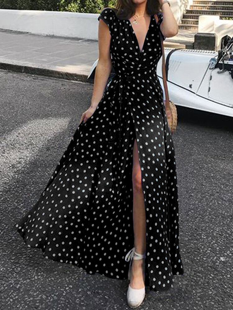 Polka Dots V-neck Short Sleeve Print Split Party Wrap Maxi Dress