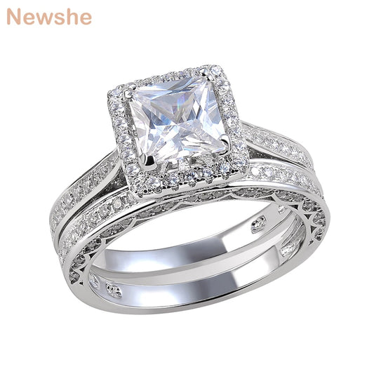 Newshe 2 Pcs Wedding Ring Set Classic Jewelry Princess Cut AAAAA CZ 925 Sterling