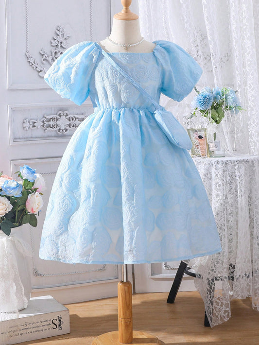 Kids CHARMNG Girls Jacquard Square Neck Puff Sleeve Dress