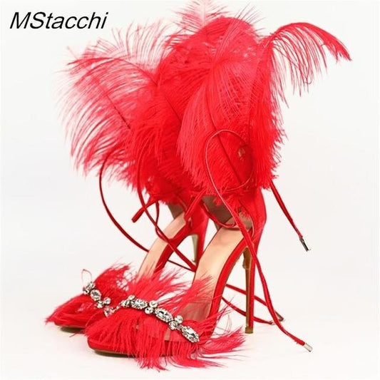 Crystal Feather Sandals Woman Summer 2023 Ostrich Hair Decor High Heels Gladiat