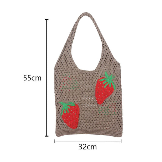 Korean Knitted Shoulder Bags Women Summer Strawberry Hollow Crochet Beach Tote