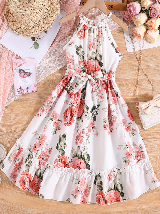 Kids CHARMNG Girls Floral Print Ruffle Hem Belted Halter Dress